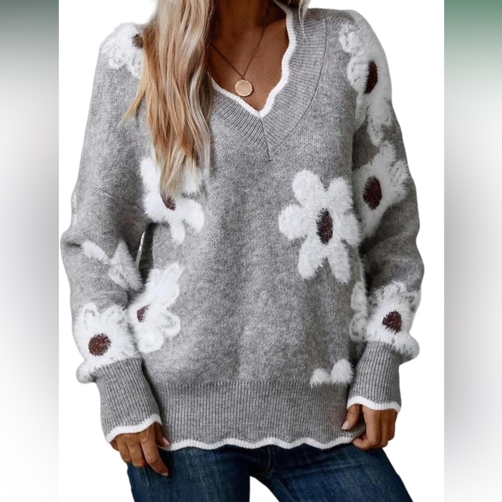 New floral  pattern v neck gray sweater